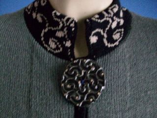 Helen HSU Santana Knit Olive Green with Black Tan Scroll Designs Suit