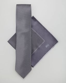 Brioni Neat Print Tie & Pocket Square Set, Gray   