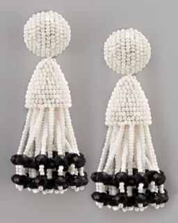 Y1E87 Oscar de la Renta Beaded Short Tassel Earrings, White/Black