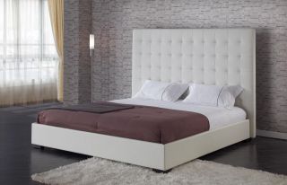  White Leather Square Headboard Bed King Modern Style Urban