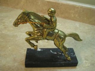 RACE HORSE & JOCKEY Brass Sculpture Marble Base STATUE/ART/FIGURE