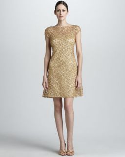 T4XDJ Kay Unger New York Cap Sleeve Lace Over Slip Dress, Gold