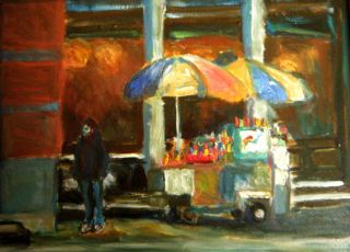 Hot Dog Stand New York Original Oil Canvas Framed Painting Signed COA