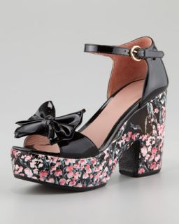  bow patent chunky heel sandal available in black floral $ 425 00