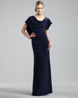  available in navy $ 665 00 badgley mischka asymmetric drape gown $ 665