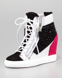 X1L8C Giuseppe Zanotti Crystal Colorblock Wedge Sneaker, Black/Pink