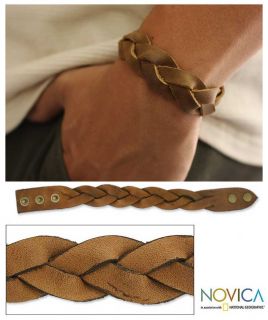 Honey~~Mens Brown Artisan Handmade Braided Leather Bracelet~~Novica