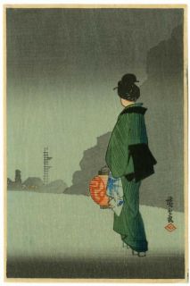 HIROSHIGE   Japanese Woodblock Print WOMAN WALKING AT NITE 1930s