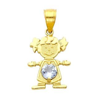 14K Yellow Gold March CZ Birthstone Girl Charm Pendant for