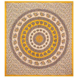 Yellow & Blue Elephant Circle Indian Tapestry   Mandala