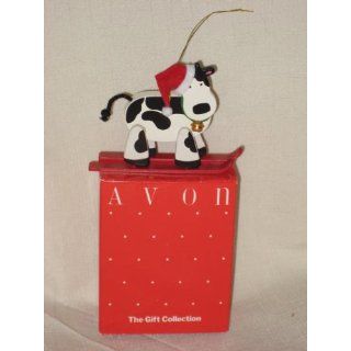 Vintage Avon Wooden  Holly Jolly Cow Ornament   Skiing