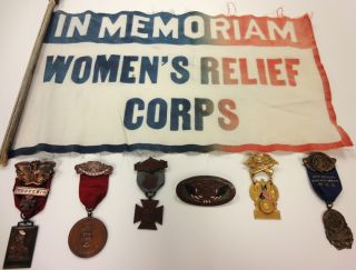 Civil War Veterans Indiana Womans Relief Corp GRP Parade Flag Medals