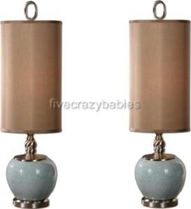  PORCELAIN Ceramic LIGHT BLUE TABLE Lamp PAIR Set Tall HORCHOW Buffet