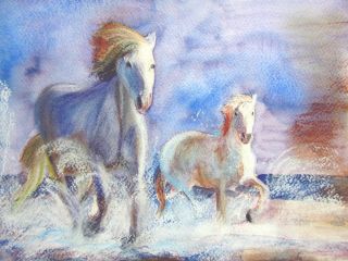 Horses Running in Sea at Sunset Print 5th Pastel Watercolour