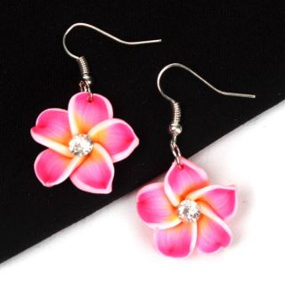 Hot Pink Flower Clay Floral Hawaiian Rhinestone Earring