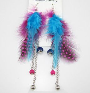 Hot ！ 1 Parir 100 Handmade Dangle Genuine Blue Feathers Earrings 001