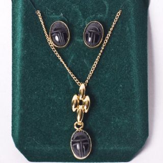 14kt Gold Hge Black Onyx Scarab Necklace Earrings Set