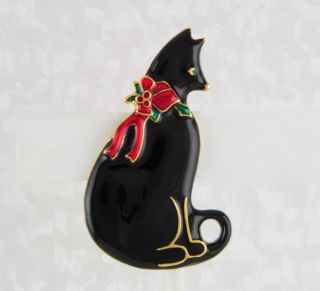 14kt Gold EP Black Kitty Cat Xmas Pin w Red Bow Holly Collar