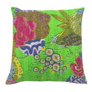 1 Piece Handmade Cotton Kantha Cushion Cover Green Floral