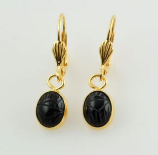 14kt Hge Genuine Black Onyx Scarab Lever Back Earrings