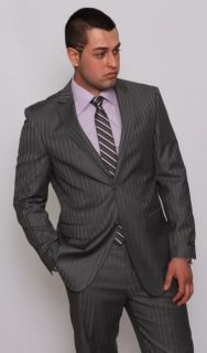 Modern Fit Men Suit 2 Button Grey Stripe Flat Front Pants Italian Azar