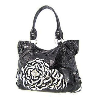 Roomy Black Raised 3d Zebra Print Flower Purse Handbag