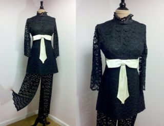 Vintage 1960s Couture Gene Stanley Black Lace Baby Doll Dress and Lace