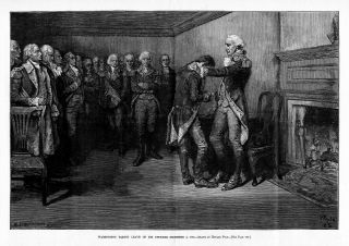  WASHINGTON TAKING LEAVE OF HIS OFFICERS BY HOWARD PYLE, 1883 ENGRAVING