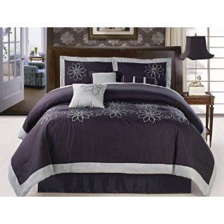 7Pcs Queen Purple and Gray Floral Embroidered Comforter