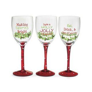 Set of 3 Hand Blown Christmas Wine Glasses/ Goblets
