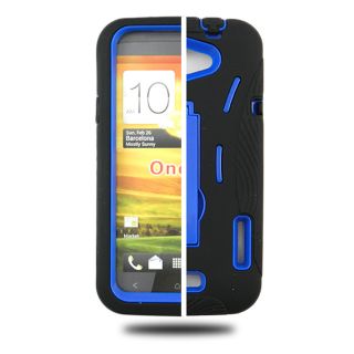 NEW AT&T HTC One X Screen Film + Kick Stand Hard Gel Case S Shape Blue