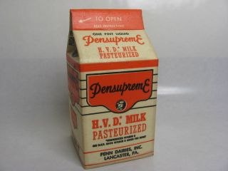 Vintage Waxed Pensupreme Dairies Dairy Lancaster PA Milk Carton Bottle