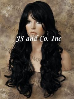 Human Hair Blend Wig Long Layered Wavy Curly Heat Safe with Bangs Off