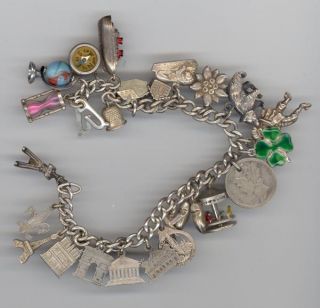 Antique .800 .900 Sterling Silver Charm Bracelet 24 Charms 1928 D
