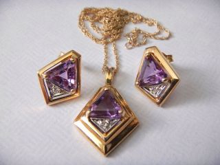 14k Gold Earring and Necklace Set Diamond Amethyst