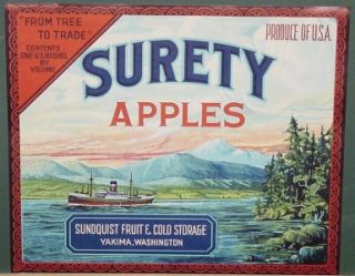 Vintage 1920s Stone Litho Apple Crate Label Surety Sundquist Fruit