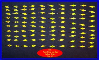 100 Tear Drop Ice Fishing Jigs Size 10 Gold Hooks Yellow Chart