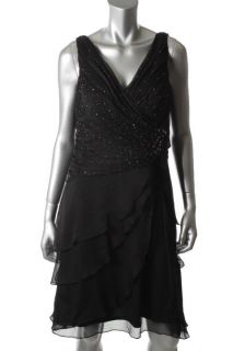 Ignite Black Chiffon Sequin Front V Neck Tiered Cocktail Evening Dress