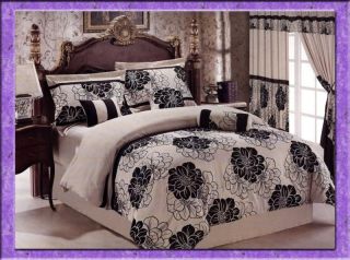 Pcs Luxury Flocking Floral Comforter Set Bed in A Bag Queen Beige