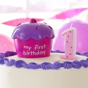Girls First 1st Birthday Pink Cake Cupcake Topper with Candle