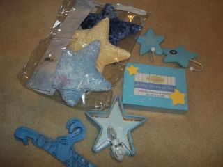 lot of baby boy blue wall hangers star hooks nightlight photo storage