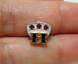 Vtg Lapel Pin Solid 10K Gold 3 Rubys The Initial “ H ”