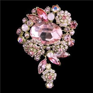 Flower Oval Leaf Pin Brooch Pink Rhinestone Crystal Pendant