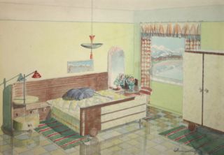 Antique Watercolor Painting Interior Design 1937 Sig