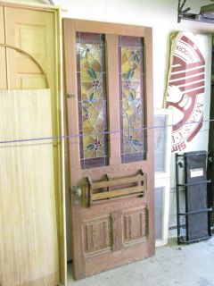 Redwood victorian era interior door with stained glass panels, antique
