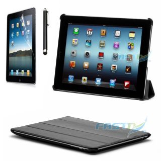 APPLE IPAD 3 BLACK LEATHER HARD CASE COVER WITH STAND +STYLUS + SCREEN