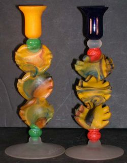 Pair Signed Nemtoi Art Glass Studio Swirl Sculpture Candlesticks