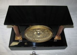 Antique Ansonia Iron Shelf Mantel Clock Black Lacquer