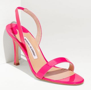 Manolo Blahnik Minchisli Pink Patent Slingback Sandals Heels 37 6 5 $