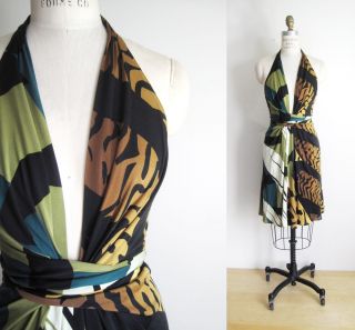 ISSA London Tropical Animal Print Silk Jersey Halter Wrap Party Dress